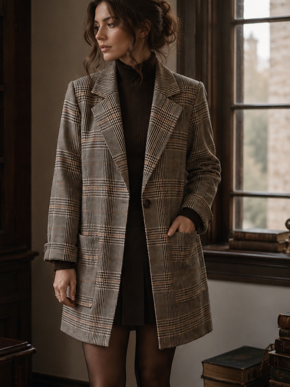 NWT Brown Glen Plaid Knit Longline Blazer Jacket Medium